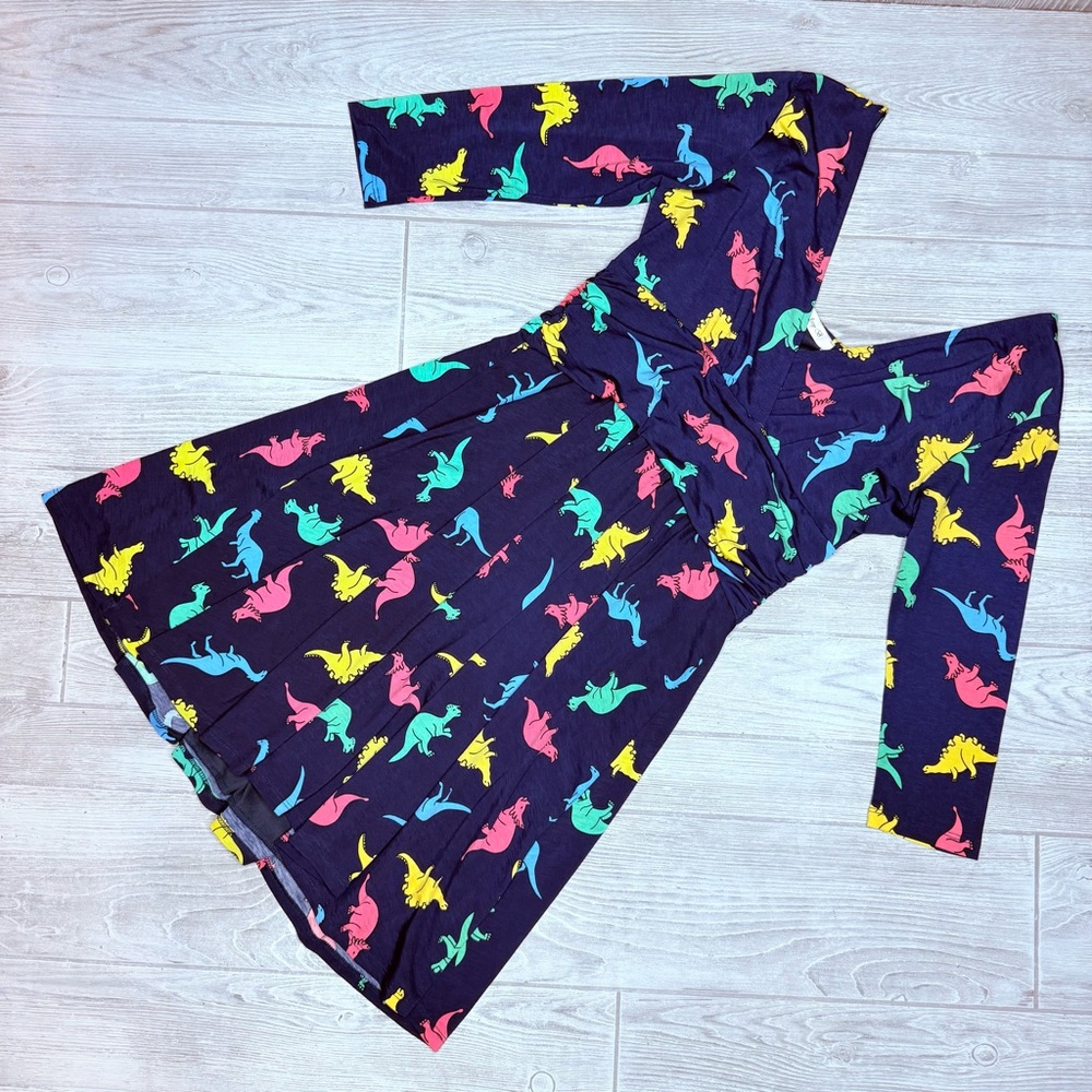 Jessy b modcloth Navy Blue Dinosaur Dress Size large Flowy rainbow dinosaurs